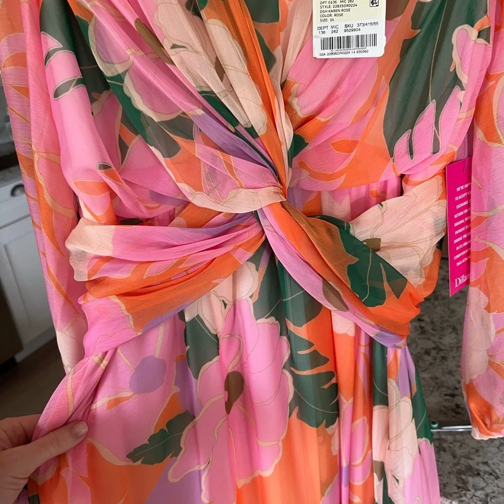 Floral Twist Front Chiffon Dress - Pink & Orange - Picture 2 of 5